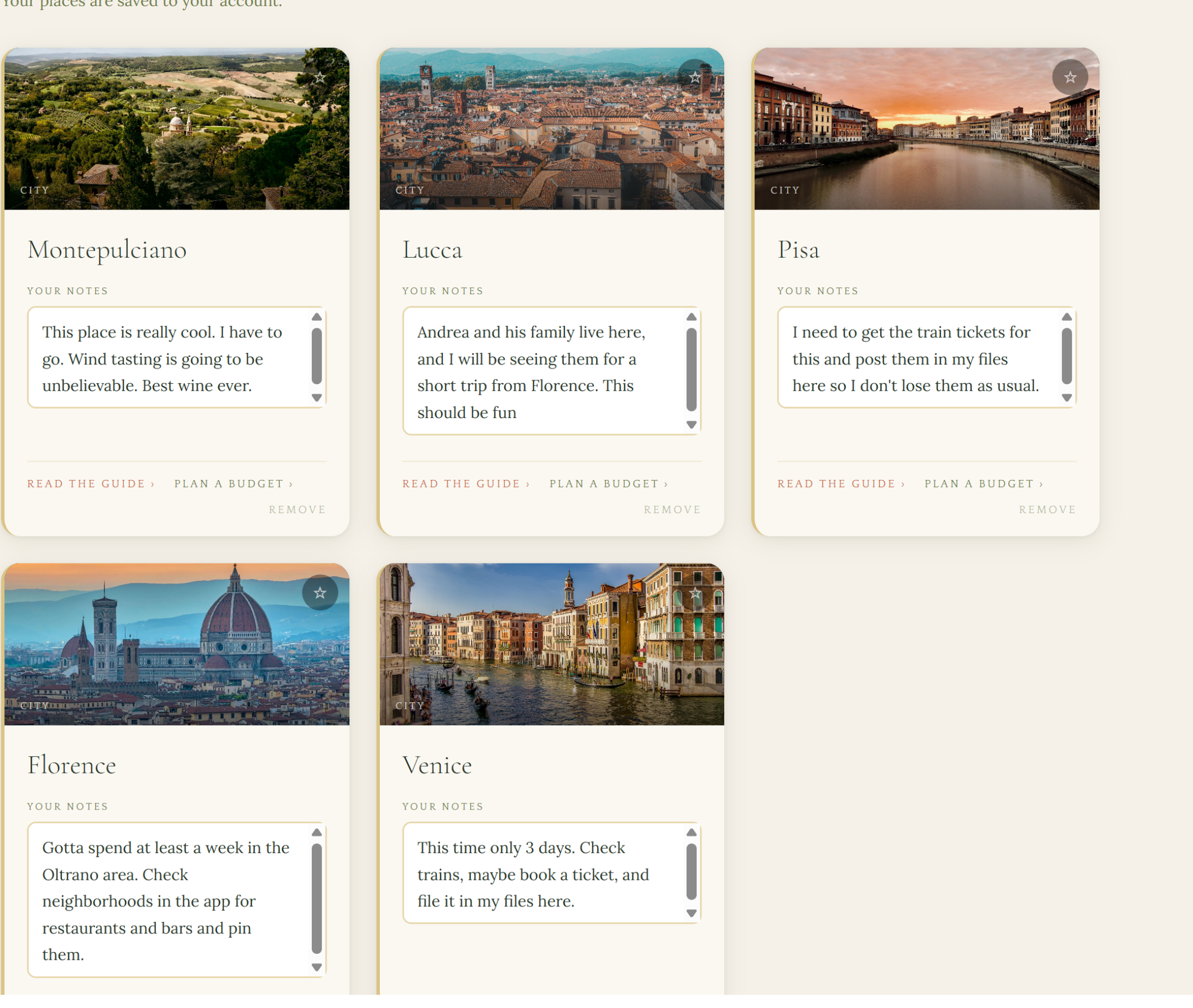 The cities saved in your places